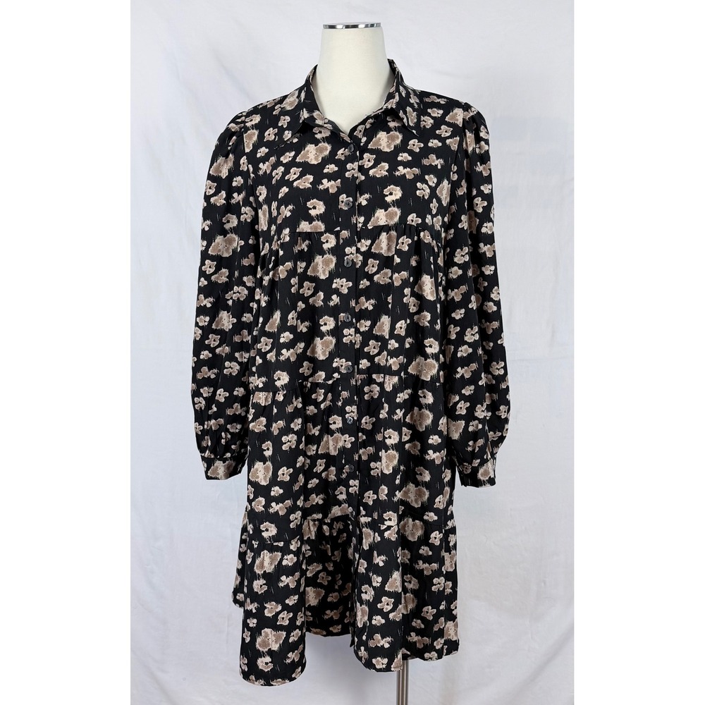NWT Grace and Emma Tiered Floral Shirt Dress L Long Sleeve Dark Boho Lagenlook